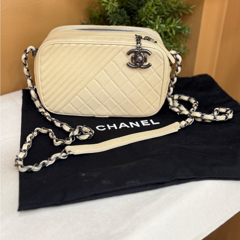 Chanel Cream Quilted Camera Crossbody Bag